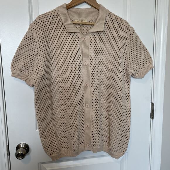 Sandstone Mens L Beige Knit Button Down Knit Polo Retro 70s Resort Quiet Luxury - Picture 2 of 10